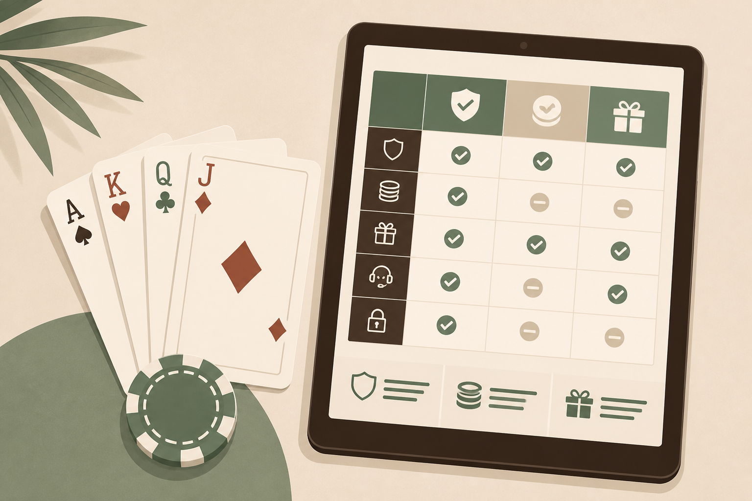 Checklist and casino chips arranged as a comparison still life