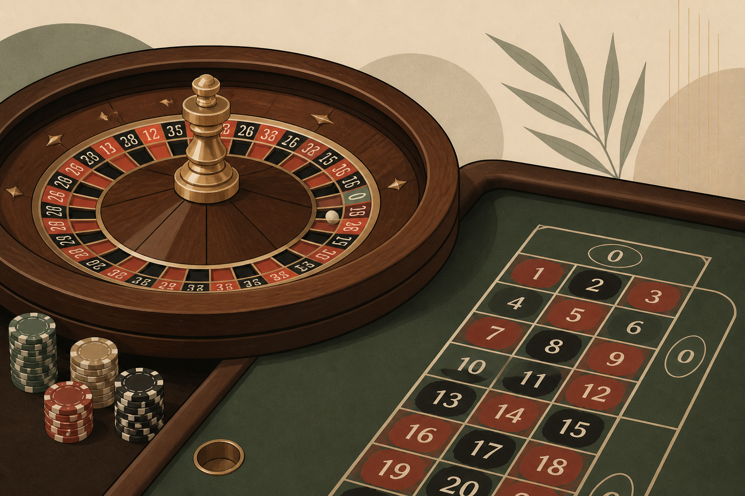 Editorial illustration of a roulette wheel and green felt table