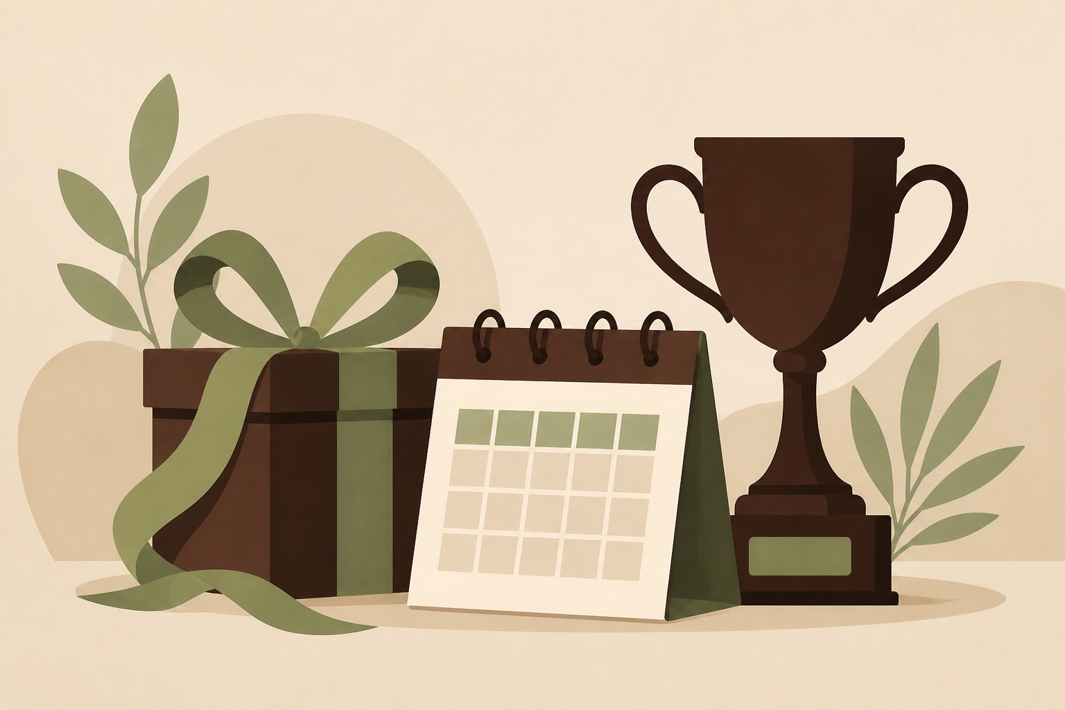 Still life with ribbon, calendar and trophy shapes